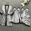 Sexy Women's Robe & Gown Sets Lace Bathrobe + Night Dress 4 Four Pieces Sleepwear Womens Sleep Set Faux Silk Robe Femme Lingerie T200111