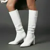 الأحذية 2021 المتقدمة بو الجلود المرأة الركبة عالية الأزياء أشار تو كعب مربع السيدات الغربية قصيرة أفخم winte أحذية