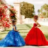 2022 Royal Blue Lace Flower Girl Vestidos para Casamento 3D Appliqued Ball Vestido de Bola Primeiro Plano de Tule Comprimento Primeiro Vestido Comunhão Vog343