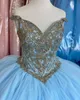 Or Baeded Crystal Prom Sweet 16 Robes Filles Bleu Ciel Tulle V-cou Applique Corset Retour Quinceanera Robe Robes De Festia Party