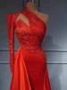 Sexy One Shoulder Prom Dresses High Neck Silk Satin Glitter Floral Patterns Slim Mermaid Evening Gowns with Detachable Train 2022