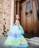 Çarpıcı Yüksek Düşük Renkli Çiçek Kız Elbiseleri Düğün Aplike Prenses Toddler Pageants Tül Süpürme Tren Birinci Cemaat Elbisesi 407