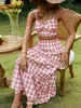 Semesterband Plaid Kjol Set Kvinnor Vår Sommar Sexig Nyckelhål Smock Två Piece Set Pink High Waist Fashion Passits 220302