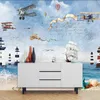 Carta da parati murale personalizzata 3D Cartone animato Aereo Barca a vela Mare Pittura murale Camera da letto per bambini Sfondo Decorazione murale Moderno Affresco creativo