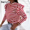 BerryGo Causal Long Sleeve Red White Striped Tops For Female Autumn Winter Ruffled Base Shirt Streetwear O-neck Women Tops 201028