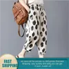 Plus Size Casual Linen Pantalons Femmes Vintage Polka Dot Pantalon Femme Taille Élastique Imprimé Navet Sarouel 201113