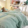 Sängkläder uppsättningar 100% bomull mjuk shabby chic bondgård rosa blå drottning kung storlek 4pcs ruffles duvet täcker set säng ark kudde shams