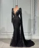 Zwarte kant kralen avond Pageant jurken met illusie lange mouw cape 2022 vestido festa longo luxo zeemeermin prom knamentjurken