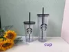 Starbucks 20 parça 24oz/16 oz Çift Plastik Tumbler Bottom Bard Bardak tanrıça Hediye Kapağı Yeniden Kullanılabilir Şeffaf İçme Düz Tumbler Saman Yüksek Kalite