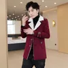 Men's Trench Coats Red Men Winter Coat Black Blue Overcoat Single-Breasted V-Neck Long Jacket With Velvet To Keep Warm Fashion Outerwear