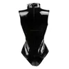 Siyah Kasık Fermuar Kolsuz Seksi Spandex Bodysuit Deri Lateks Catsuit PVC Tulum Kadınlar Kısa PU Bodysuit Clubwear1
