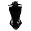 Tuta con cerniera sul cavallo nera senza maniche Tuta in spandex sexy Tuta in lattice di pelle Tuta in PVC Tuta corta da donna in PU Clubwear1