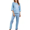 Kvinnor Casual Two-Piece Sets 2020 Höst Vår damer 3/4 Ärmar Toppslånga Byxor Elegant O-Neck Striped Fritid Pass Pus Storlek1