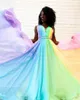 New Rainbow Gradient Prom Dresses Evening Wear Pleated Beaded Sashes A-line Ombre Formal Dress Party Gowns Bridesmaid Special Occasion Women