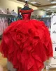 Red Lace Ruffles Ball Vestido Quinceanera Vestido Prom Off The Ombro Beaded Applique Espartilho Voltar Sweet 16 Vestido Formal Vestidos de Noite Pageant
