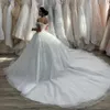 Nouvelles robes de mariée sexy robes de mariée perles perles au large de l'épaule tulle plus taille chapelle train corset dos formelle robes nues