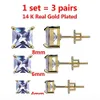 3 Pairs Set 48 mm 14K Gold Plated CZ Square Iced Out Stud Earrings With Safety Screw Back For men and Women2690552