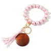 14 Styles Party Wooden Beads Keychain Pearlescent Color Bracelet Key Ring Women DIY Crafts Gift with Alloy Ring RRF13453