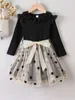 Toddler Girls Lace Ruffle Trim Star Mesh Overlay Belted Dress SHE