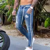 Jeans pour hommes à la mode hommes maigre motard détruit effiloché coupe Denim déchiré pantalon côté rayure crayon Hip Hop Streetwear1