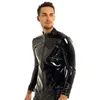 Homens sexy brilhante pvc camisa de couro masculino brilhante metálico patente jaqueta topos sexi erótico moldar bainha látex casual coat8538622