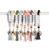 11 Colors Wooden Tassel Bead String Bracelet Keychain Food Grade Silicone Beads Bracelets Women Girl Keyring Wrist Strap Key Ring