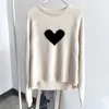 Women Knitted O-neck Sweater Heart Pattern Long Sleeve Side Split Cashmere Jumper Knitwear Female Pullover Top 201223