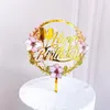 Cake Topper Lichte Bloem Gelukkige Verjaardag Taart Ingevoegde Kaart Acryl Elegante Lettertype Verjaardagsfeestje Bakken Decoratie Benodigdheden