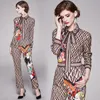 high quality Fashion Runway Autumn Pants Two Pieces Set Women's Long Sleeve shirt + Casual Floral Print Pants Sets Suits 201119