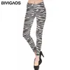 Bivigaos Verão Novas Femininas Leggings Zebra-Stripe Imprimir Legins Fino Skinny Leggings Leite Preto Leggings Slim Nine Calças Mulheres LJ201006