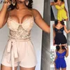 Sommar Kvinnor Lace Sexig Jumpsuit Sling Transparent Backless High Waist Casual Jumpsuit Ladies Ärmlös O-Neck Fashion Rompers T200704