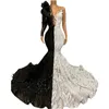 Robes Fashion Black and White Sirène des robes de soirée formelles Deep V Deep Neck Appliques Permeins Lace Lace Africain Arabe Prom Long Prom