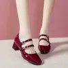 Kleid Schuhe 2022 Frühling Herbst Frauen Doppel Schnalle Mary Janes Patent Leder High Heels Pumps Retro Damen Schuh Schwarz Rot