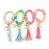 Handmade stretched spring rainbow silicone beads bangle keychains pu leather tassel wristlet bracelet keyrings for 2022 YD65