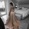 Высокое шею шампанского формальные вечерние платья иллюзия полные рукава длинные кружева арабский Дубай специальный случай платья выпускного вечера платье выпускного вечера 2022 a-line щель сатин Vestidos