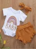 2021 Nieuwe Zomer Baby 3 Stuk Stes Katoen Regenboog Korte Mouw Jumpsuit Shorts Haarband Leuke Outfits E1000279q