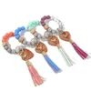 14 Colors Valentine's day love wood chip silicone bead bracelet keychain Party Favor Wristlet key chain Tassels handchain keys ring Various keychains
