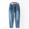 Calças de denim elegante feminino jeans de cintura alta com pele bf casual botão calças womens streetwear outono inverno