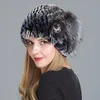Beanie/Skull Caps Russian Women Winter Real Rex Fur Hats Floral Warm Natural Knitted Lady Top With Hat1