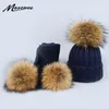 New 2 Pieces Set Children Winter Hat Scarf for Girls Hat Real Raccoon Fur Pom Pom Beanies Woman Cap Knitted Winter Whole1290n