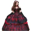 Gotisk belle röd och svart spetsboll klänning bröllopsklänningar vintage korsett brudklänning spets-up strapless tiered skönhet av axel plus storlek brud formella klänningar bär