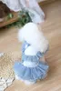 Handmade Dog Apparel pet Clothes Dress Blue Tulle Gold Dots Lace Sexy Skirt Tutu Cats Outfit Poodle Maltese Yorkie