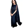 2022 Elegante arabische Kaftan-Stil Meerjungfrau-Abschlussballkleider Cape Long Wrap Marineblau Formelle Abendgarderobe Applikationen Spitze Frauen Partykleider Promi-Kleid