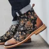 MrCave Men Laarzen Mode Ronde Teen Botas Lace Up PU Lederen Schoenen Zapatos de Hombre Winter Heren Booties Bloemen Print Enkellaarzen 201127