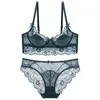 Bras Sets Green Floral Lace Bra And Panties Set Plus Size C D E Cup Ultra Thin Transparent Underwear Women Female Sexy Lingerie 221010