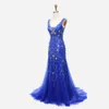 Lyxiga Beading Crystals Prom Evening Gowns Long Mermaid Pluning V-Neck Lace-up Tulle Pagant Formell Klänning Kvinnor Plus Storlek Party Gowns