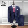 Men Suit Styl Style Check Kurtka Kamizel 3 sztuki Slim Fit Black Blue Business Blazer Blazer Casual Tailormade Drv8908 201106
