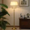 Vintage tout cuivre lampadaire abat-jour en lin blanc américain Simple hôtel de luxe salon étude E27 lecture debout lampadaires