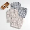 Pijama hombre short sleeve tops shorts Cotton double gauze plaid men home clothing summer short sleeve sleepwear pyjamas homme LJ201112