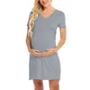 Maternity Nursing Dress Summer Pregnant Dress Cotton V Collar Solid Color Tops Pregnancy T Shirt Dresses for Breast-feeding G220309